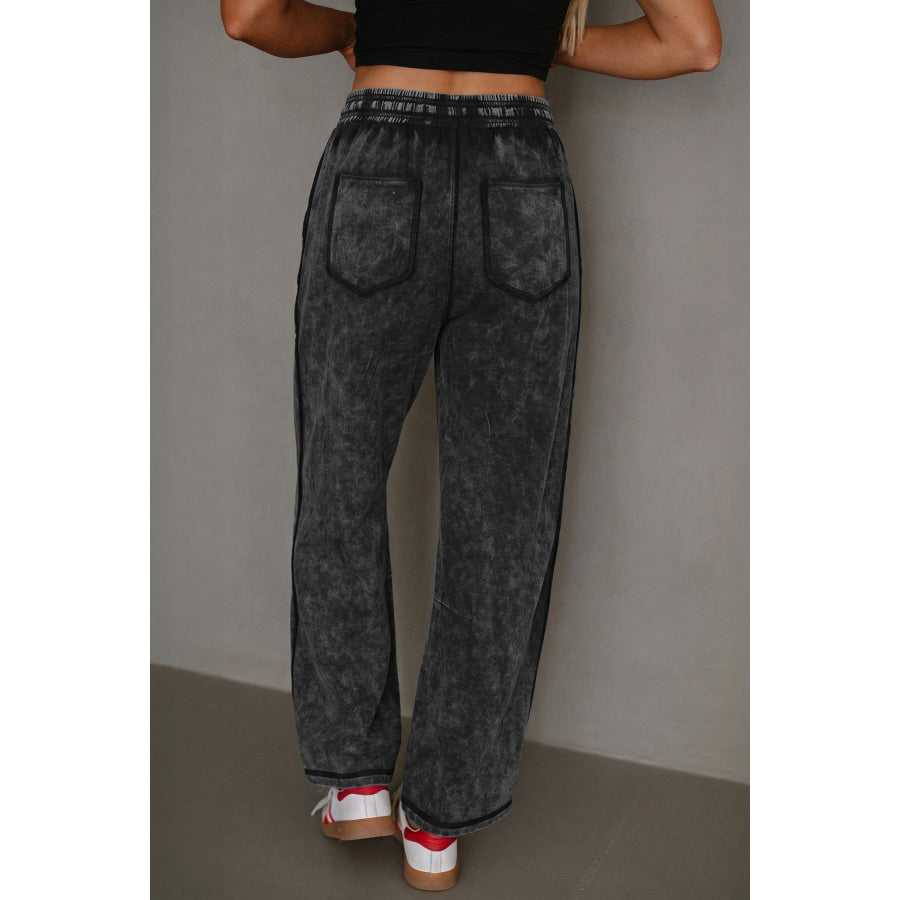 Black Mineral Wash Raw Seam Drawstring Elastic Waist Barrel Pants Bottoms/Pants & Culotte