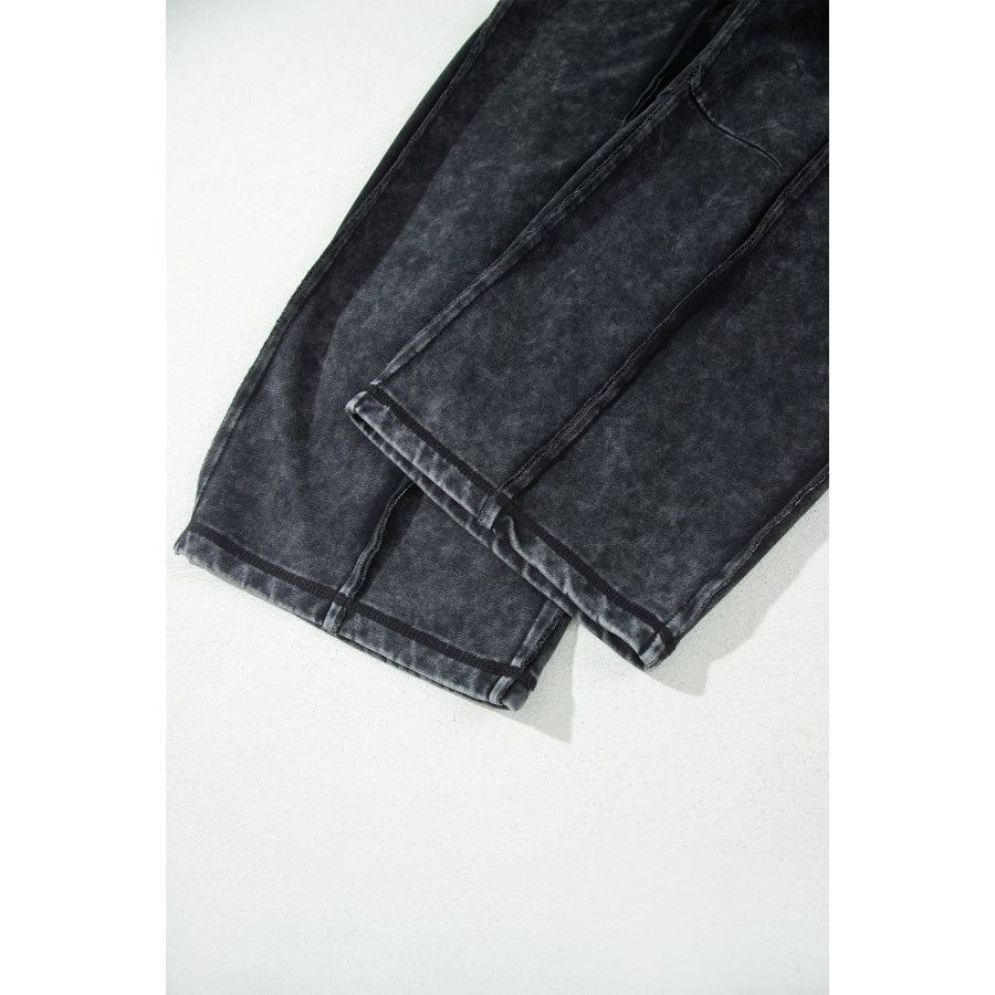 Black Mineral Wash Raw Seam Drawstring Elastic Waist Barrel Pants Bottoms/Pants & Culotte
