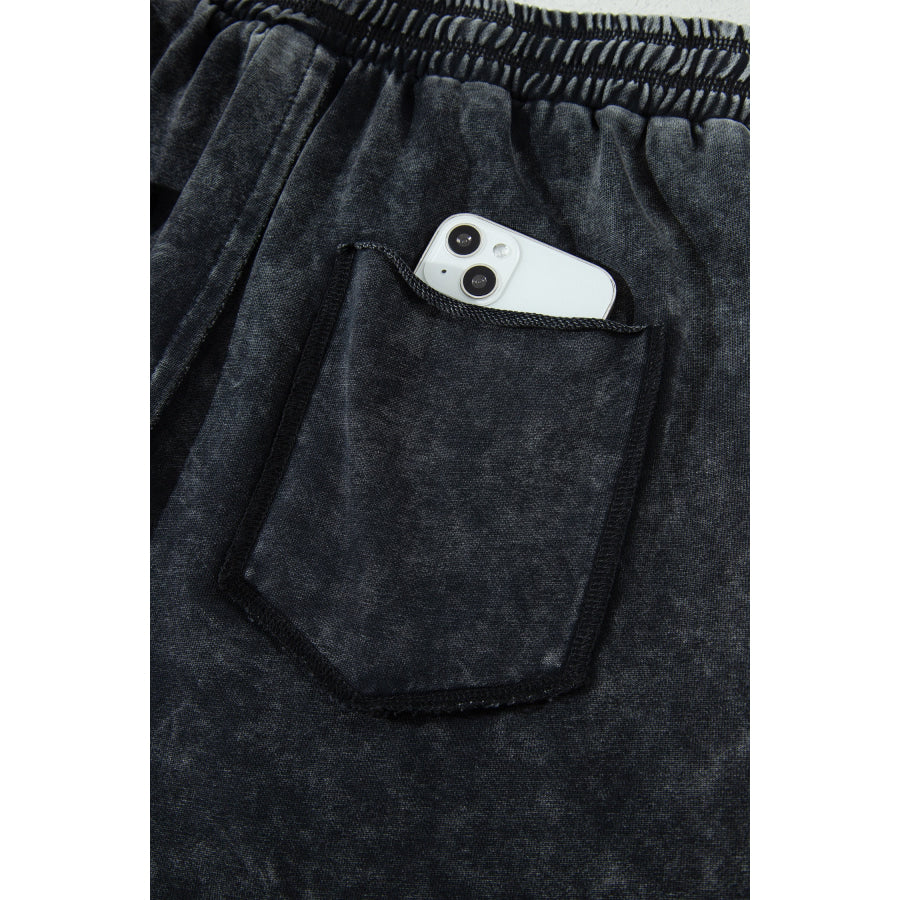 Black Mineral Wash Raw Seam Drawstring Elastic Waist Barrel Pants Bottoms/Pants & Culotte