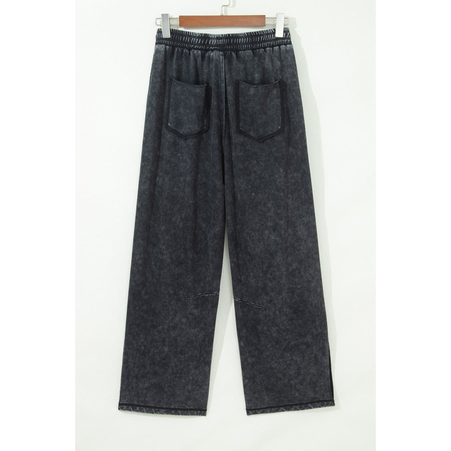 Black Mineral Wash Raw Seam Drawstring Elastic Waist Barrel Pants Bottoms/Pants & Culotte