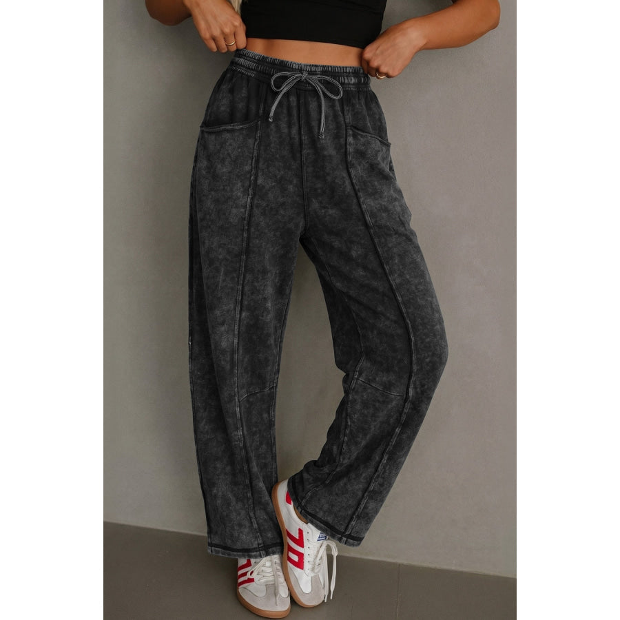 Black Mineral Wash Raw Seam Drawstring Elastic Waist Barrel Pants Black / S / 80% Cotton + 20% Polyester Bottoms/Pants & Culotte