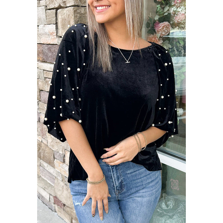 Black Pearl Beaded Half Sleeve Velvet Top Black / S / 95% Polyester + 5% Elastane Sale (50% OFF)/Sale (50% OFF)