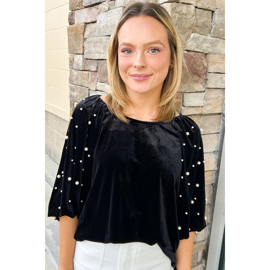 Black Pearl Beaded Half Sleeve Velvet Top Sale (50% OFF)/Sale (50% OFF)