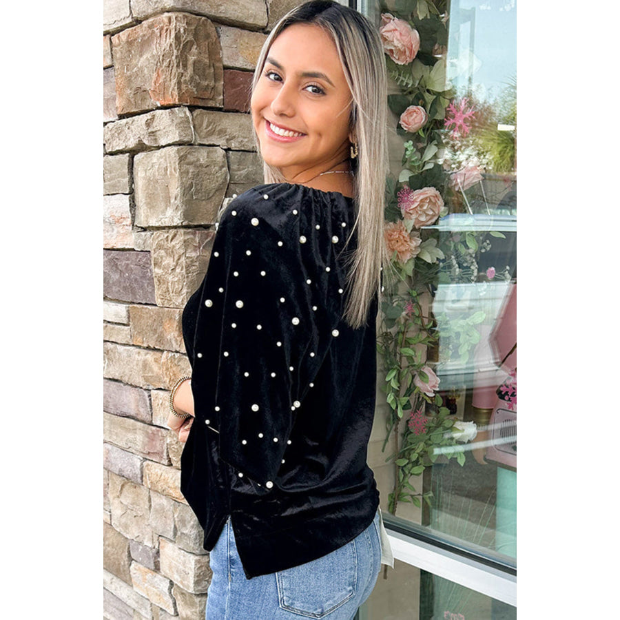 Black Pearl Beaded Half Sleeve Velvet Top Sale (50% OFF)/Sale (50% OFF)