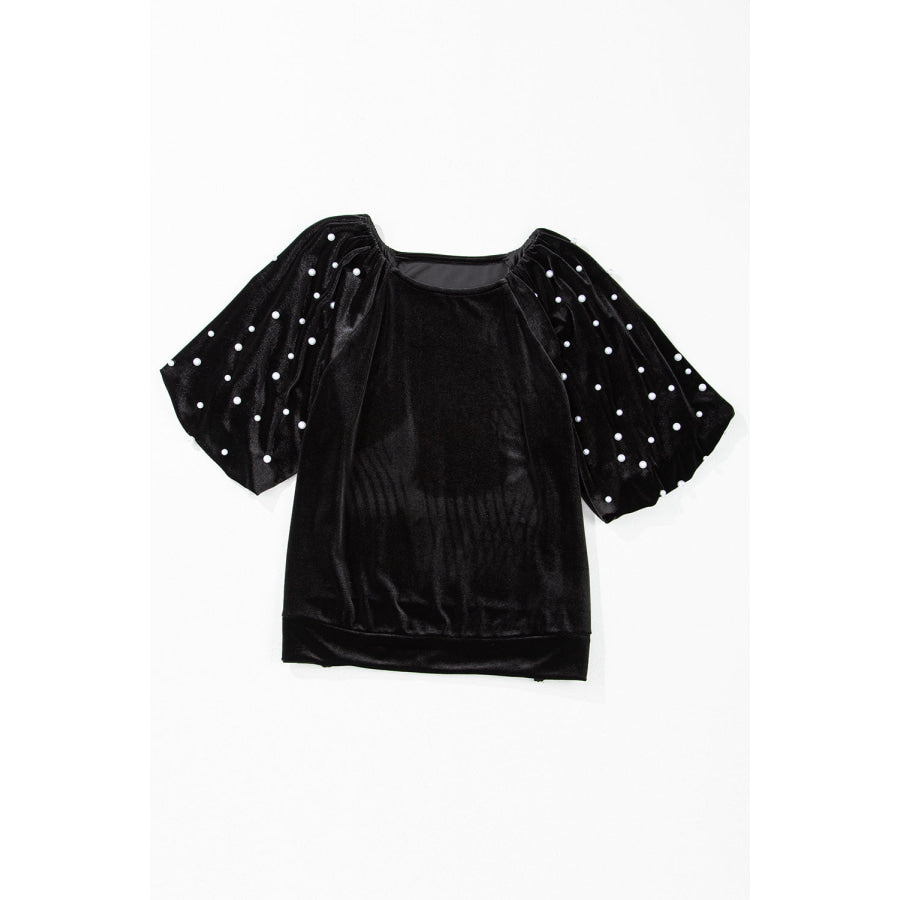 Black Pearl Beaded Half Sleeve Velvet Top Sale (50% OFF)/Sale OFF)