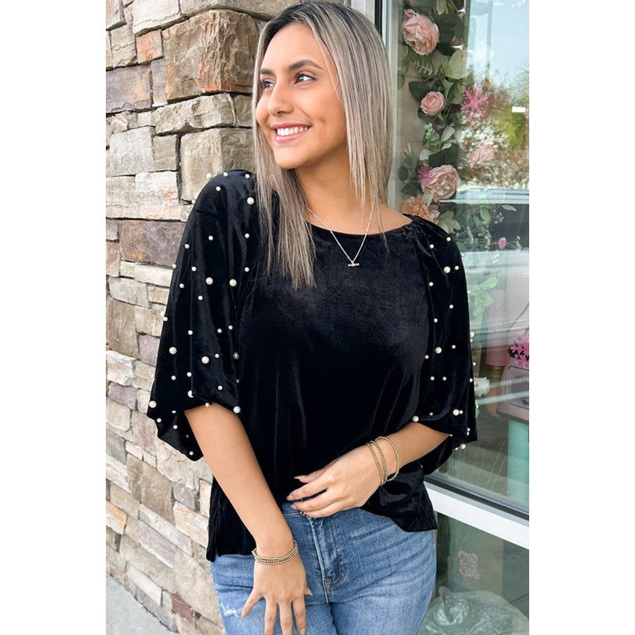 Black Pearl Beaded Half Sleeve Velvet Top Sale (50% OFF)/Sale (50% OFF)