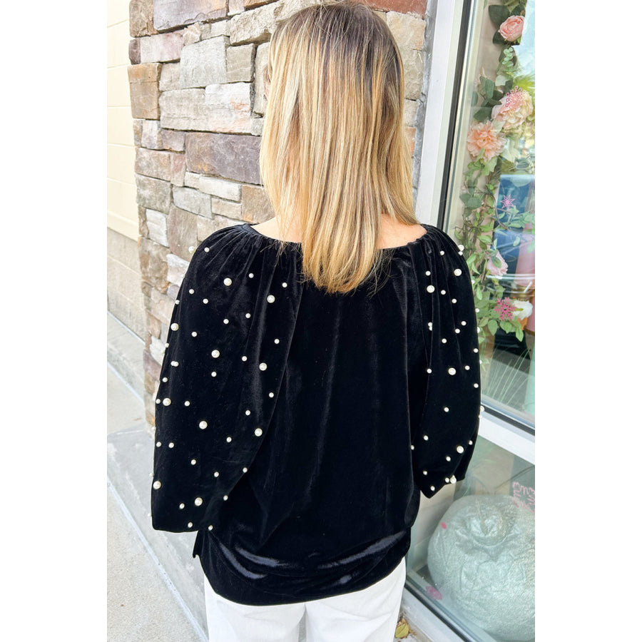 Black Pearl Beaded Half Sleeve Velvet Top Black / S / 95% Polyester + 5% Elastane Sale (50% OFF)/Sale (50% OFF)
