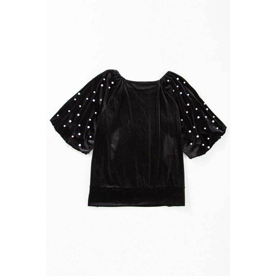Black Pearl Beaded Half Sleeve Velvet Top Sale (50% OFF)/Sale OFF)