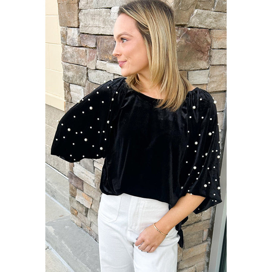 Black Pearl Beaded Half Sleeve Velvet Top Sale (50% OFF)/Sale (50% OFF)