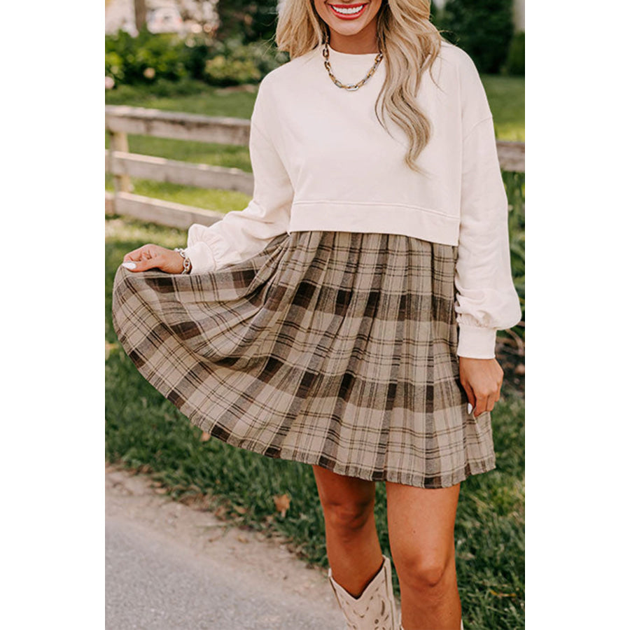 Black Plaid Patchwork High Waist Sweatshirt Mini Dress Beige / S / 85% Polyester + 10% Cotton + 5% Elastane Dresses/Mini Dresses