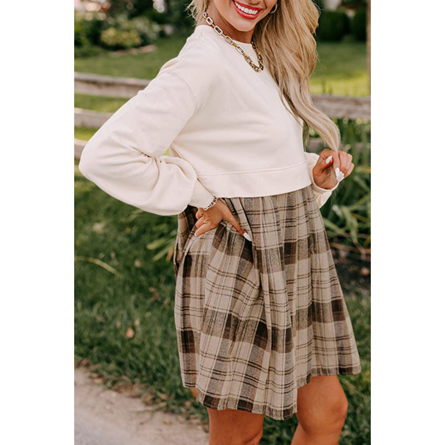 Black Plaid Patchwork High Waist Sweatshirt Mini Dress Dresses/Mini Dresses