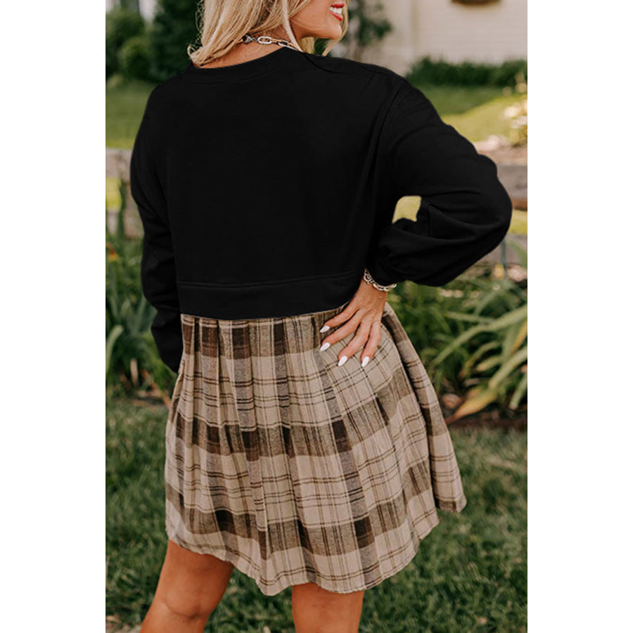 Black Plaid Patchwork High Waist Sweatshirt Mini Dress Dresses/Mini Dresses