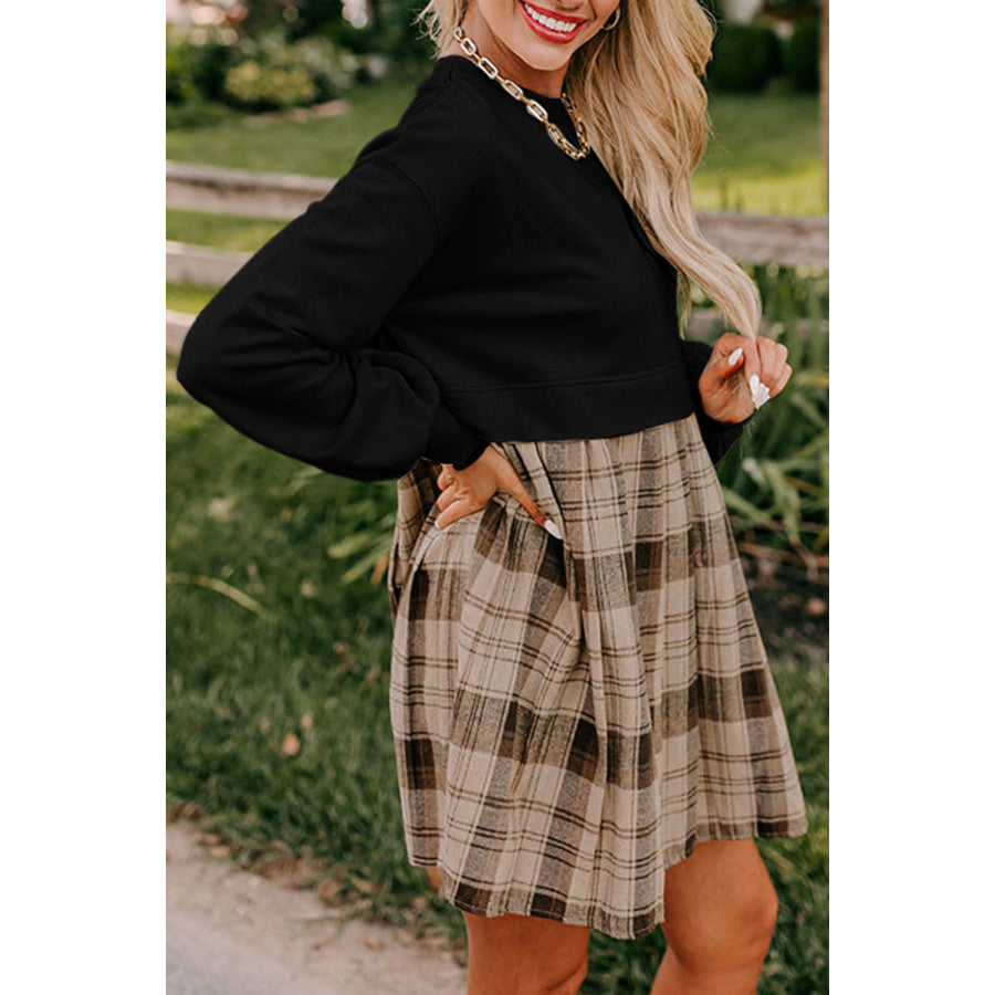 Black Plaid Patchwork High Waist Sweatshirt Mini Dress Dresses/Mini Dresses