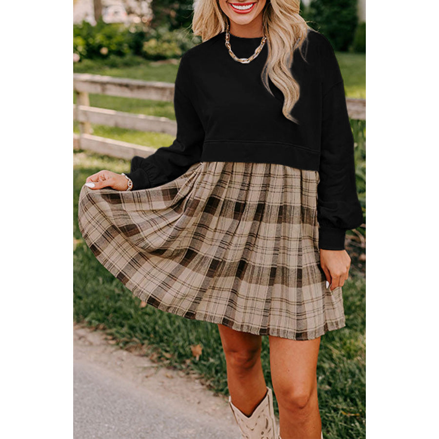 Black Plaid Patchwork High Waist Sweatshirt Mini Dress Black / S / 85% Polyester + 10% Cotton + 5% Elastane Dresses/Mini Dresses
