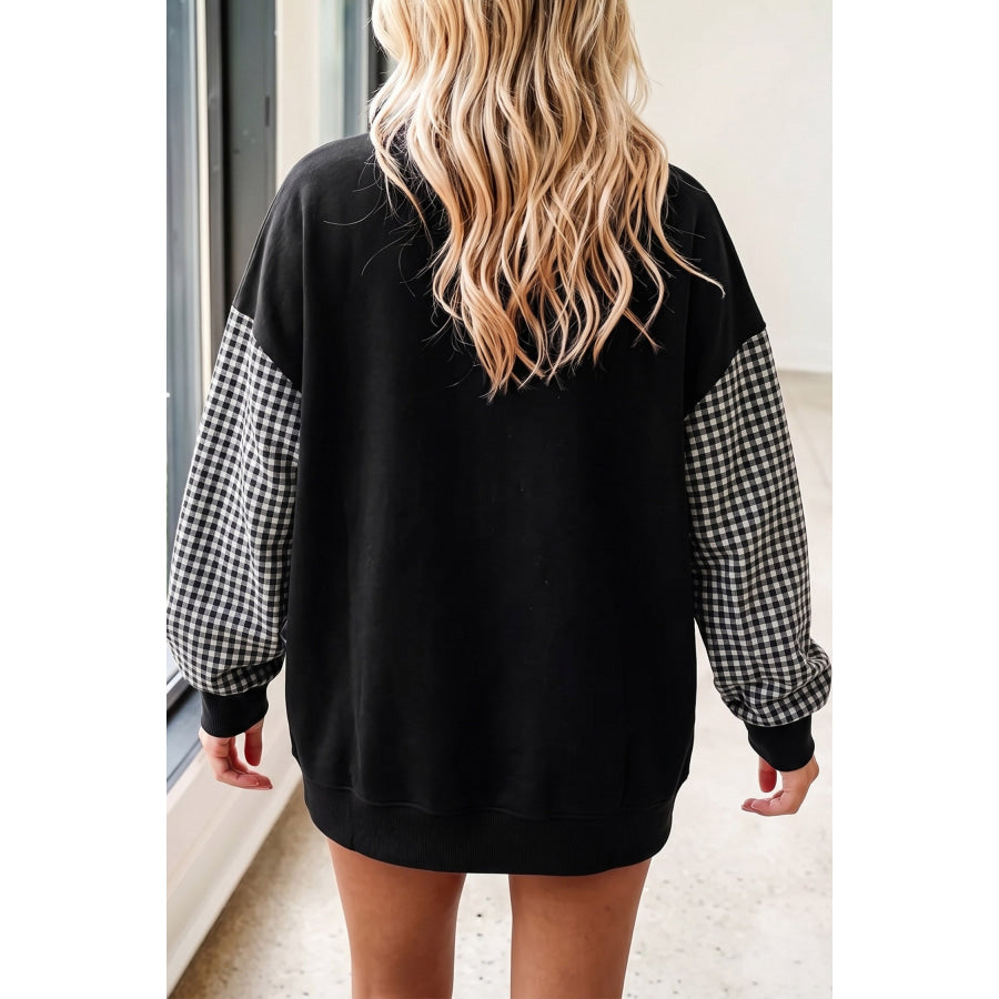 Black Plaid Sleeve Patchwork Ghost Print Tunic Halloween Sweatshirt / S / 50% Polyester + 50% Cotton Graphic/Graphic Sweatshirts