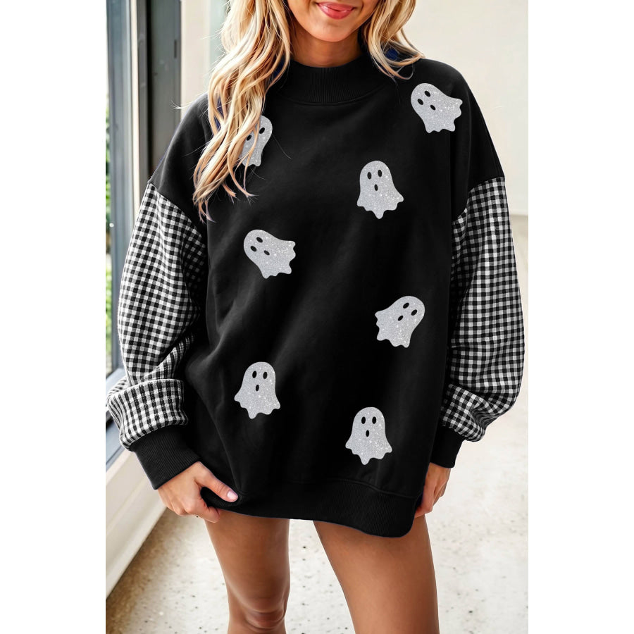 Black Plaid Sleeve Patchwork Ghost Print Tunic Halloween Sweatshirt / S / 50% Polyester + 50% Cotton Graphic/Graphic Sweatshirts
