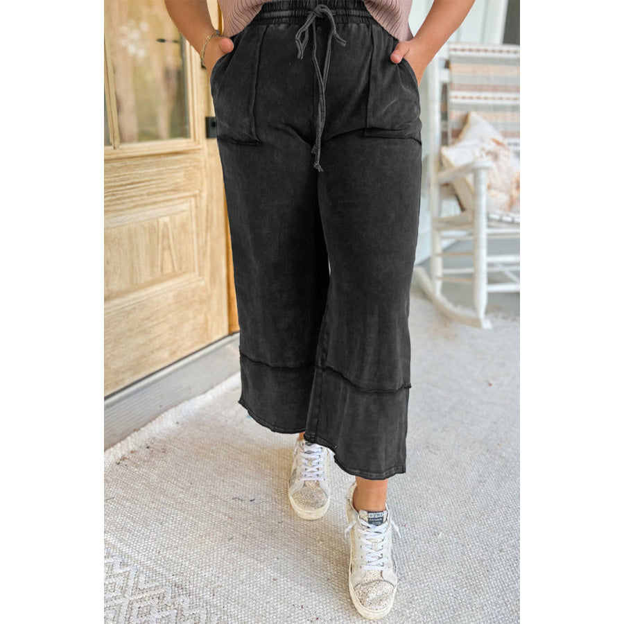 Black Plus Mineral Wash Exposed Seam Wide Leg Cropped Pants Black / 1X / 100% Cotton Plus Size/Plus Size Bottoms