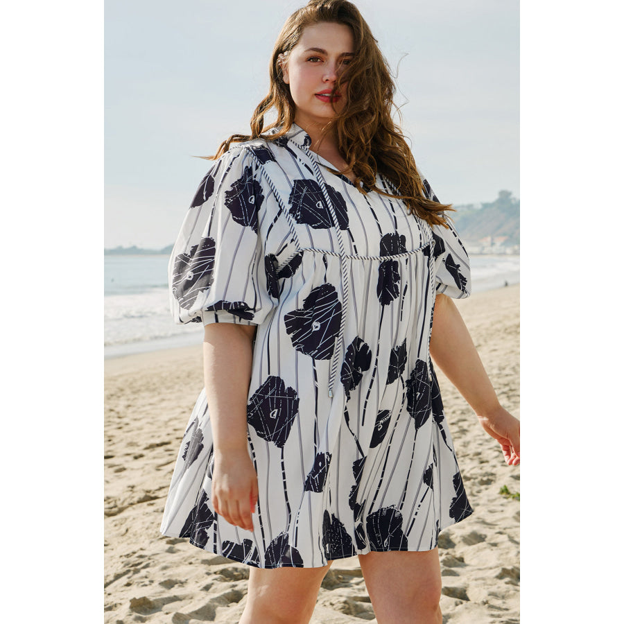 Black Plus Size Floral 3/4 Puff Sleeve Lace-up Neck Mini Dress Plus Size/Plus Size Dresses/Plus Size Mini Dresses