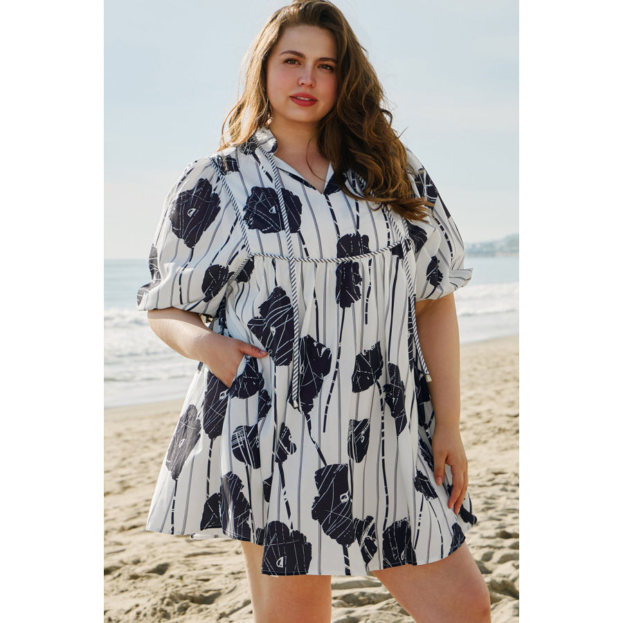 Black Plus Size Floral 3/4 Puff Sleeve Lace-up Neck Mini Dress Plus Size/Plus Size Dresses/Plus Size Mini Dresses