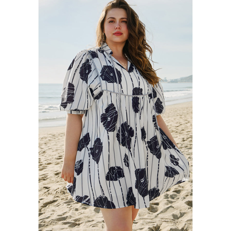 Black Plus Size Floral 3/4 Puff Sleeve Lace-up Neck Mini Dress Plus Size/Plus Size Dresses/Plus Size Mini Dresses