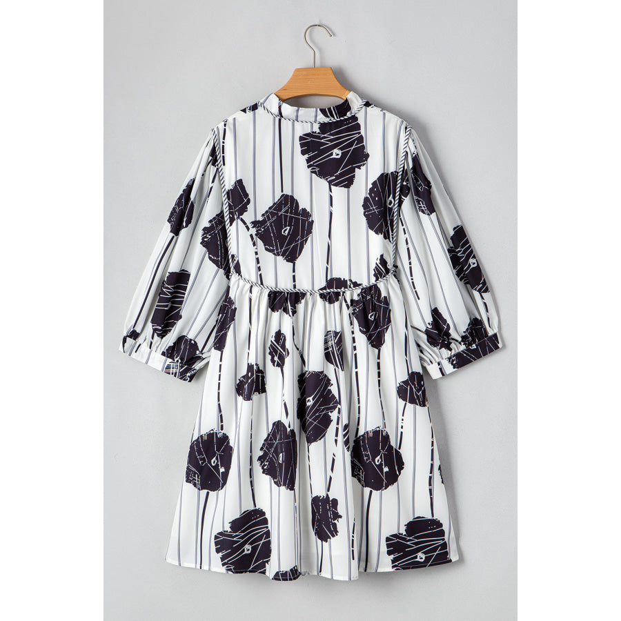 Black Plus Size Floral 3/4 Puff Sleeve Lace-up Neck Mini Dress Black / 1X / 100% Polyester Plus Size/Plus Size Dresses/Plus Size Mini