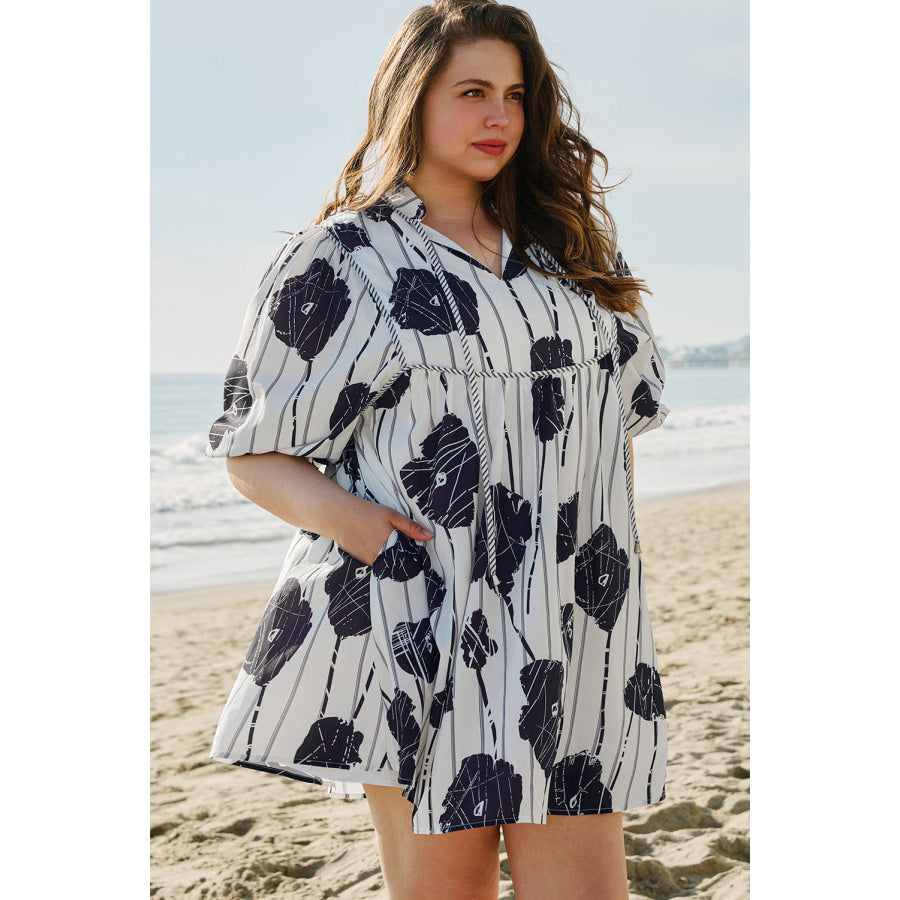 Black Plus Size Floral 3/4 Puff Sleeve Lace-up Neck Mini Dress Plus Size/Plus Size Dresses/Plus Size Mini Dresses