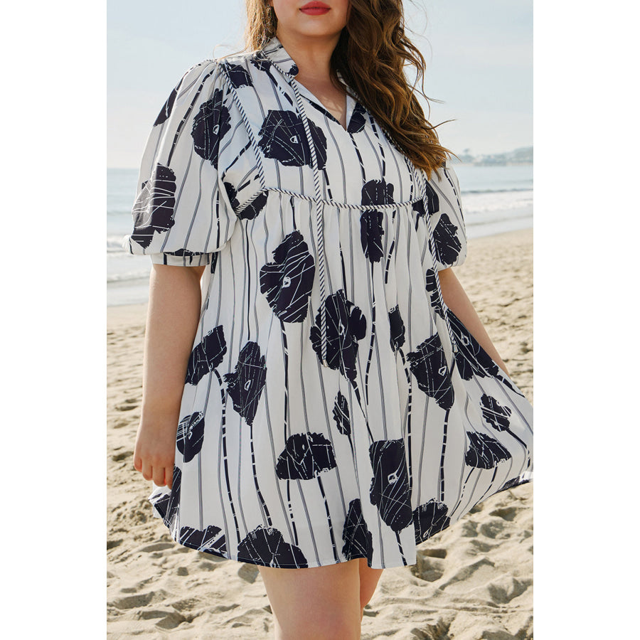 Black Plus Size Floral 3/4 Puff Sleeve Lace-up Neck Mini Dress Plus Size/Plus Size Dresses/Plus Size Mini Dresses