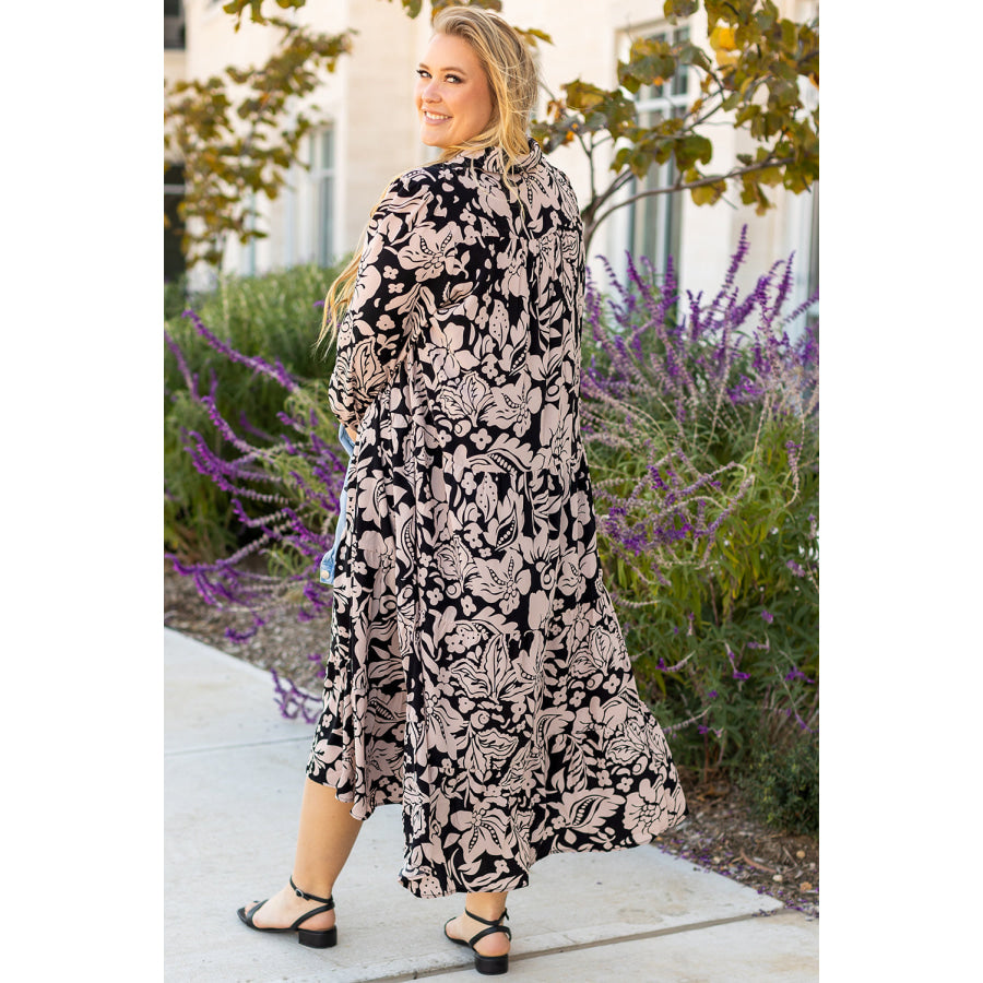 Black Plus Size Floral Printed Puff Sleeve Collared Maxi Dress Black / 1X / 100% Polyester Plus Size/Plus Size Dresses/Plus Size Maxi