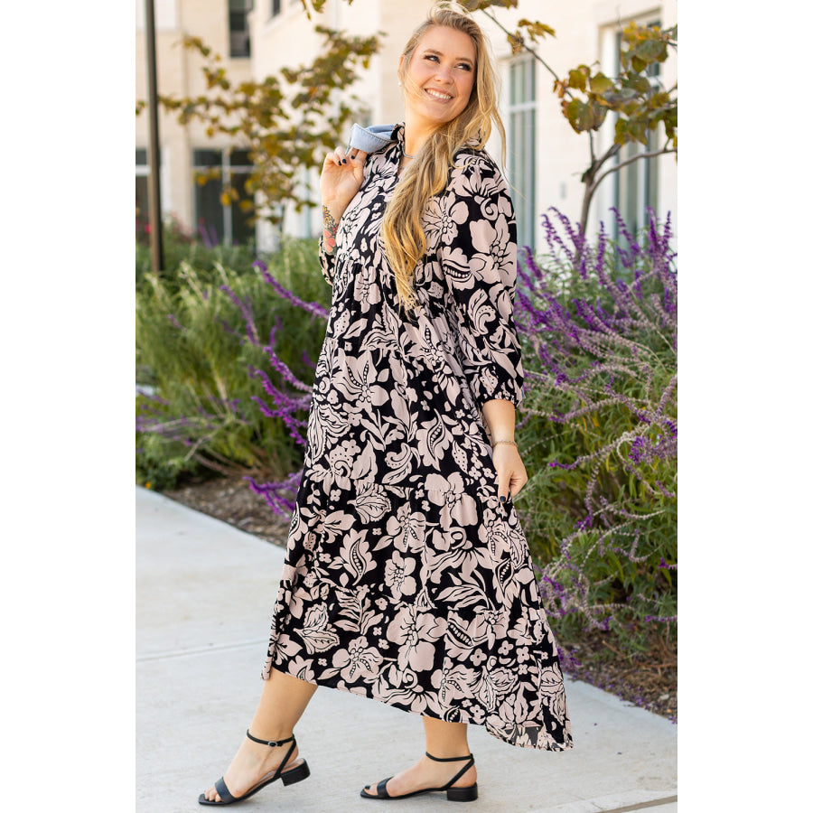 Black Plus Size Floral Printed Puff Sleeve Collared Maxi Dress Plus Size/Plus Size Dresses/Plus Size Maxi Dresses