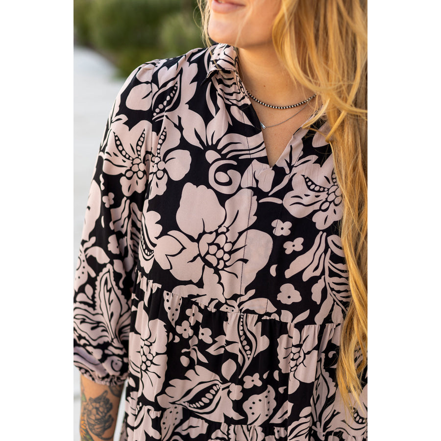 Black Plus Size Floral Printed Puff Sleeve Collared Maxi Dress Plus Size/Plus Size Dresses/Plus Size Maxi Dresses