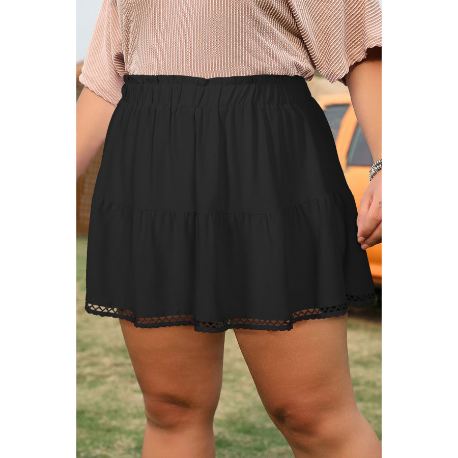 Black Plus Size Frilled Elastic Waist Lace Trim Boho Ruffled Shorts Black / L / 100% Polyester Plus Size/Plus Size Bottoms