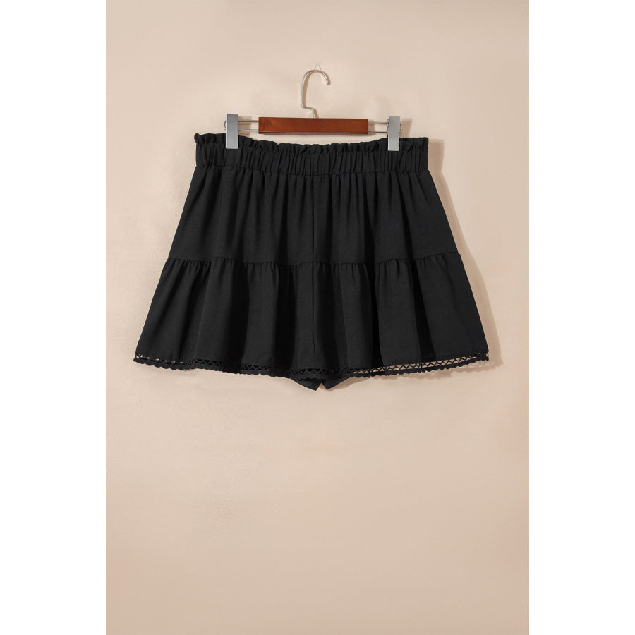 Black Plus Size Frilled Elastic Waist Lace Trim Boho Ruffled Shorts Plus Size/Plus Size Bottoms