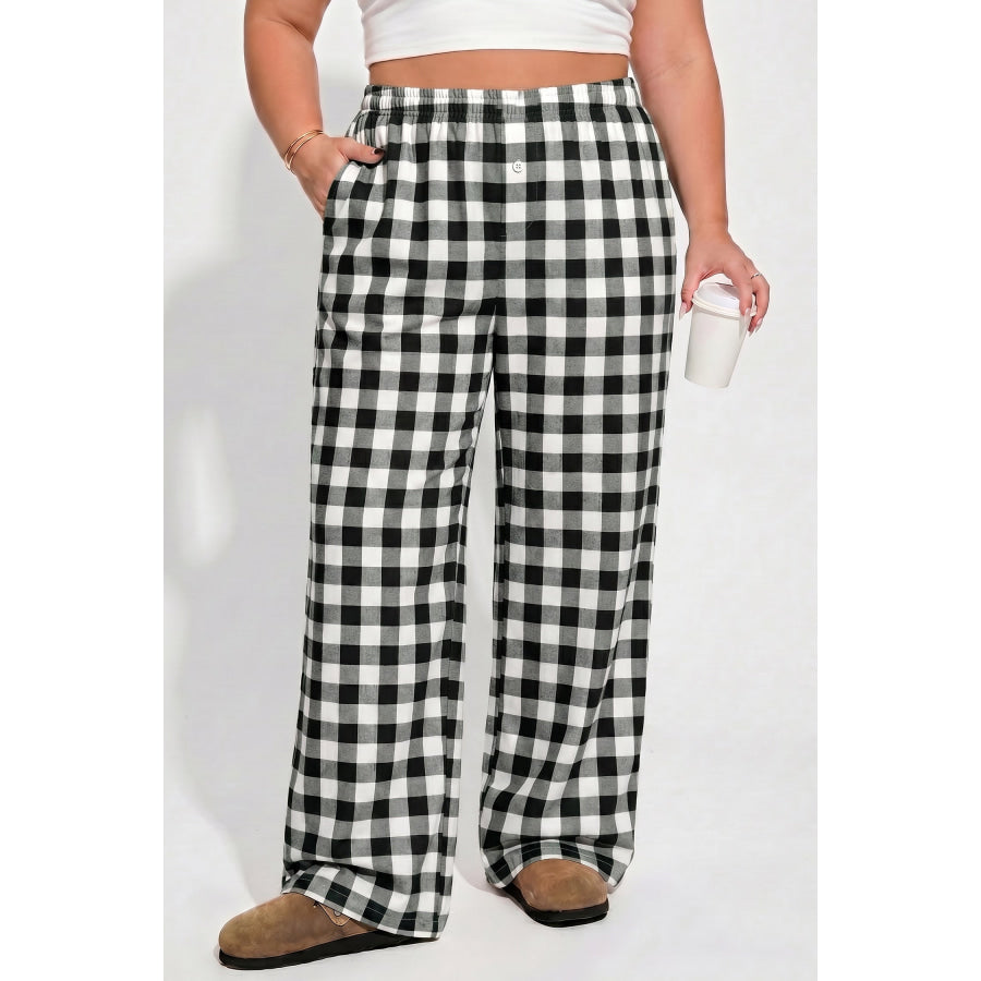 Black Plus Size Plaid Pattern Elastic Waist Shift Pants Black / 1X / 90% Polyester + 10% Elastane Plus Size/Plus Size Bottoms