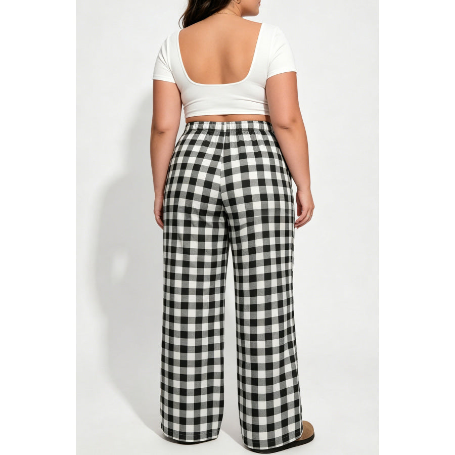 Black Plus Size Plaid Pattern Elastic Waist Shift Pants Plus Size/Plus Size Bottoms