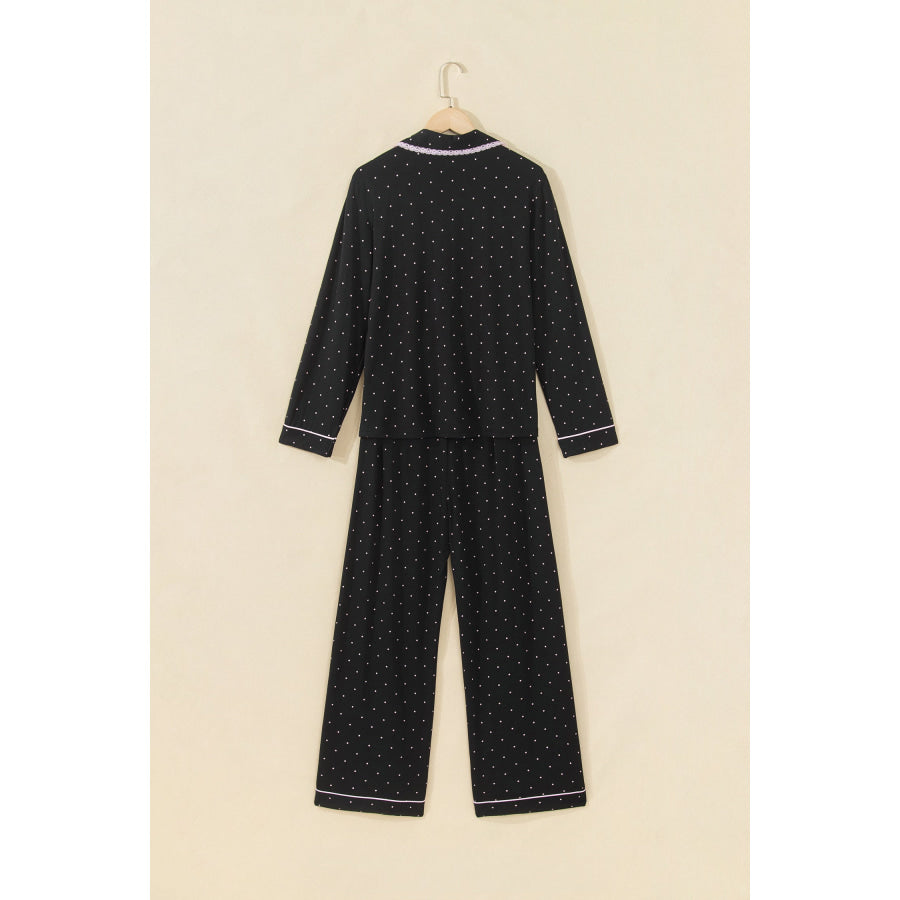 Black Polka Dot Long Sleeve Shirt Lace Detail Two Piece Pajama Pant Set Loungewear & Sleepwear/Loungewear