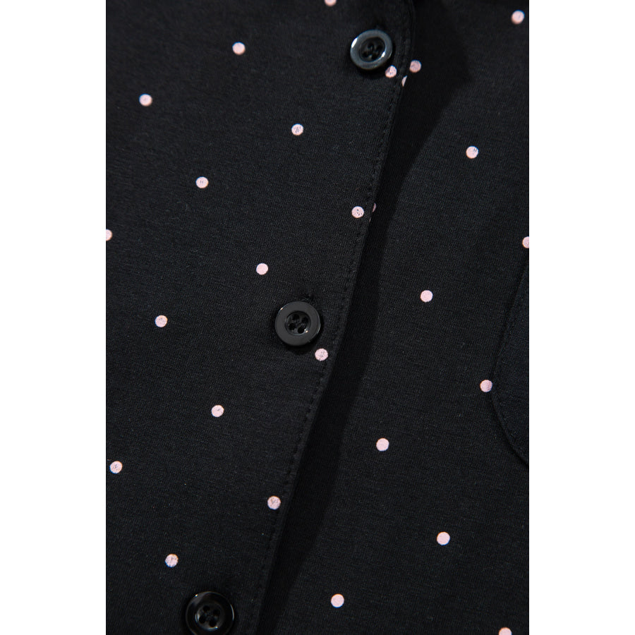 Black Polka Dot Long Sleeve Shirt Lace Detail Two Piece Pajama Pant Set Loungewear & Sleepwear/Loungewear
