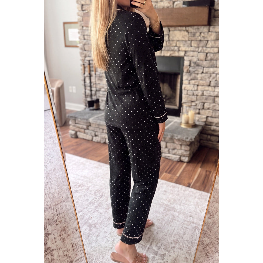 Black Polka Dot Long Sleeve Shirt Lace Detail Two Piece Pajama Pant Set Loungewear & Sleepwear/Loungewear