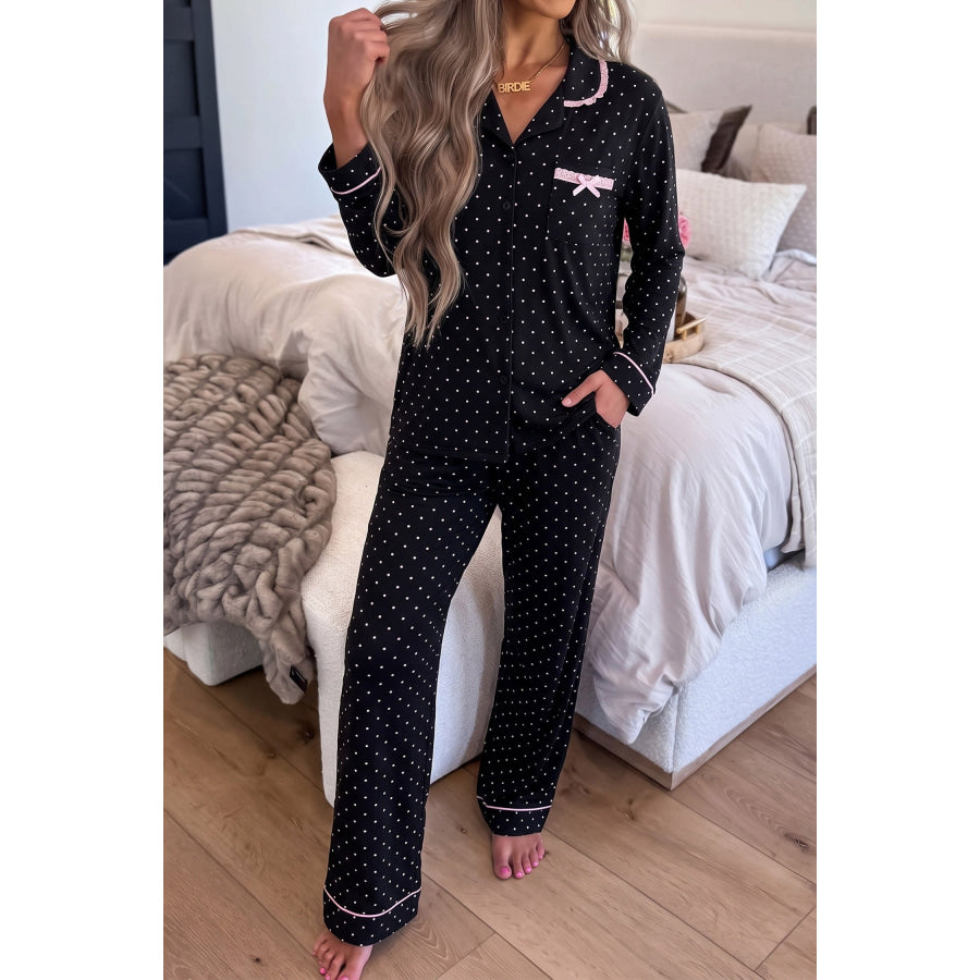 Black Polka Dot Long Sleeve Shirt Lace Detail Two Piece Pajama Pant Set Loungewear & Sleepwear/Loungewear