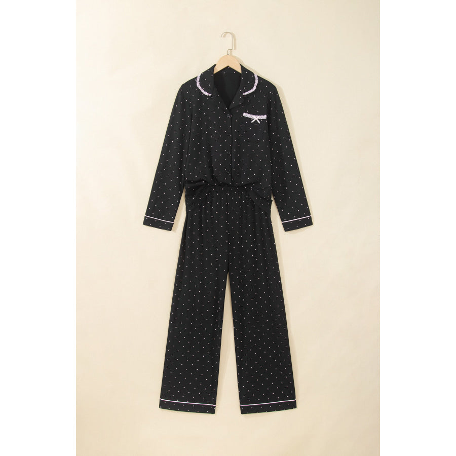 Black Polka Dot Long Sleeve Shirt Lace Detail Two Piece Pajama Pant Set Loungewear & Sleepwear/Loungewear