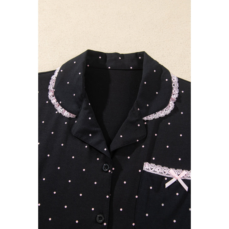 Black Polka Dot Long Sleeve Shirt Lace Detail Two Piece Pajama Pant Set Loungewear & Sleepwear/Loungewear