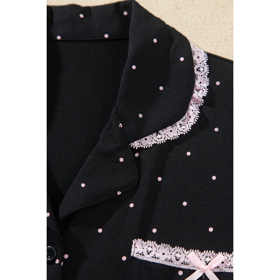 Black Polka Dot Long Sleeve Shirt Lace Detail Two Piece Pajama Pant Set Loungewear & Sleepwear/Loungewear