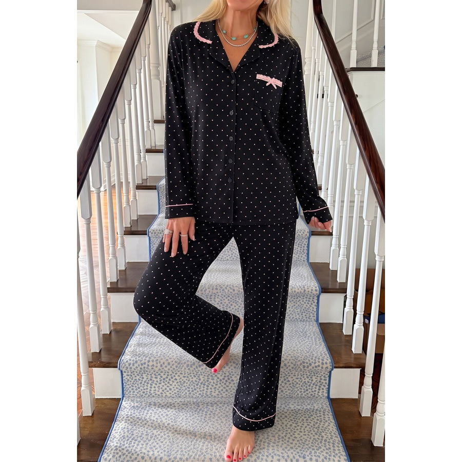 Black Polka Dot Long Sleeve Shirt Lace Detail Two Piece Pajama Pant Set / S / 65% Polyester + 30% Cotton + 5% Elastane Loungewear &