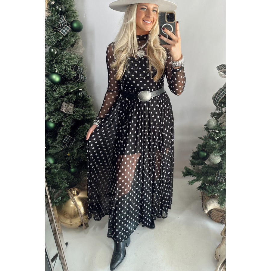 Black Polka Dot Pattern Mesh Long Sleeve Maxi Dress 2pcs Set Dresses/Maxi Dresses