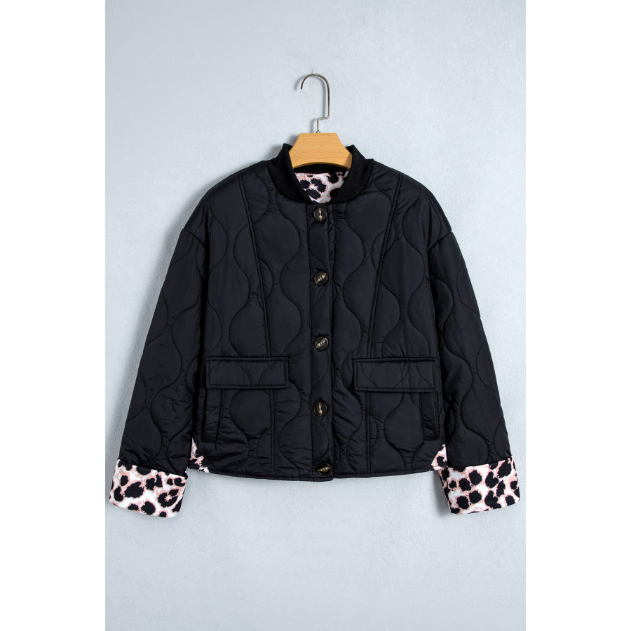Black Retro Quilted Leopard Cuff Button Down Puffer Jacket Outerwear/Jackets