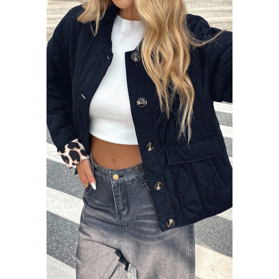 Black Retro Quilted Leopard Cuff Button Down Puffer Jacket Outerwear/Jackets