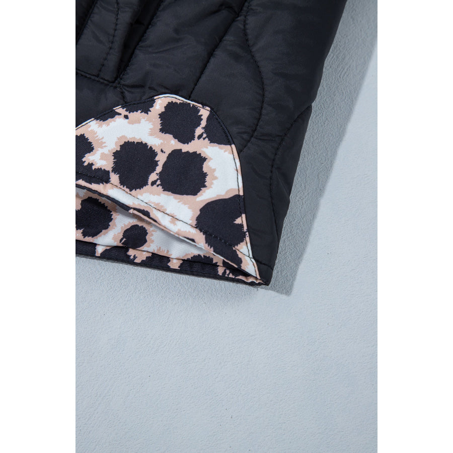 Black Retro Quilted Leopard Cuff Button Down Puffer Jacket Outerwear/Jackets