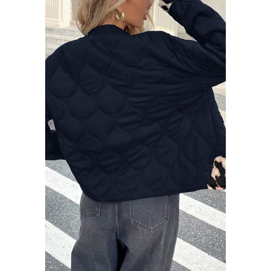 Black Retro Quilted Leopard Cuff Button Down Puffer Jacket Outerwear/Jackets