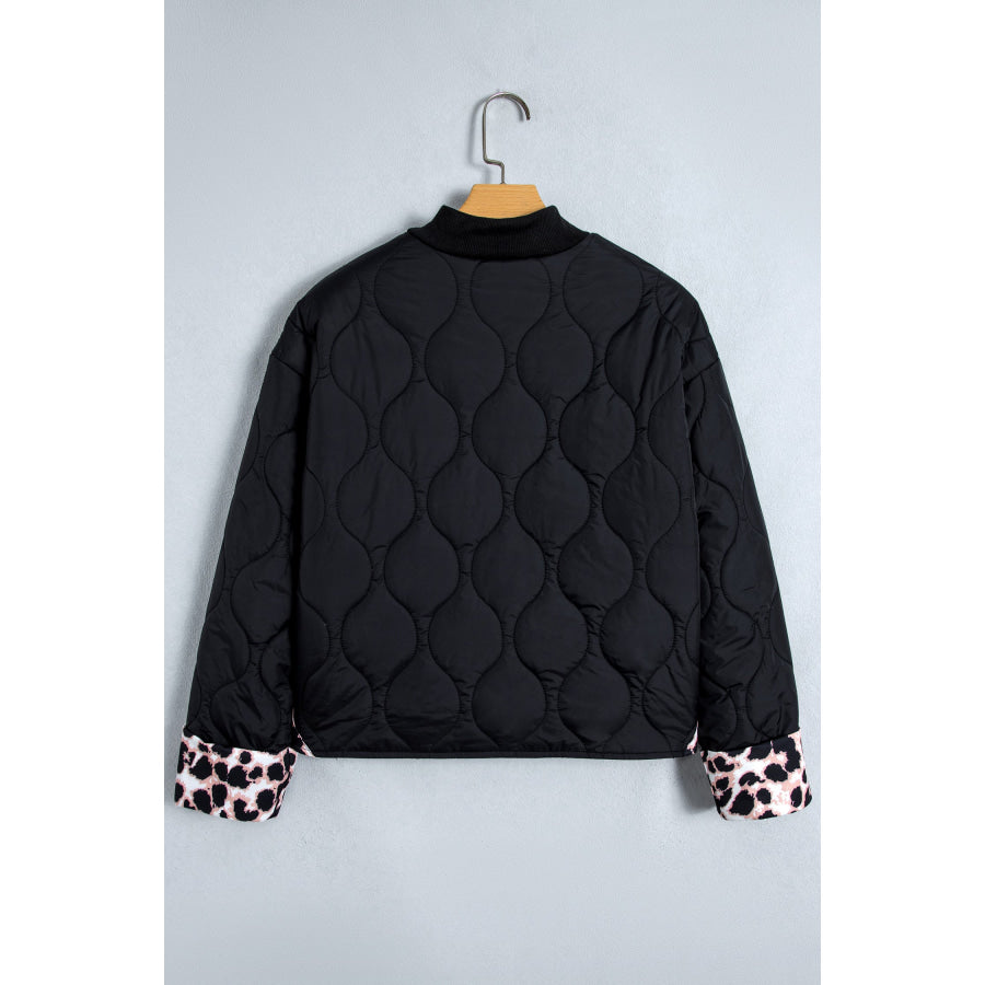 Black Retro Quilted Leopard Cuff Button Down Puffer Jacket Outerwear/Jackets