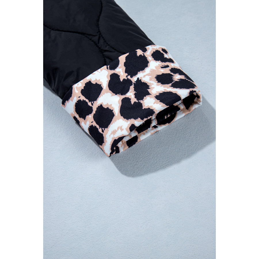 Black Retro Quilted Leopard Cuff Button Down Puffer Jacket Outerwear/Jackets