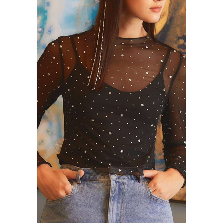 Black Rhinestone Sheer Mesh Slim Fit Long Sleeve Top Black / S / 95% Polyester + 5% Elastane Tops/Long Sleeve Tops